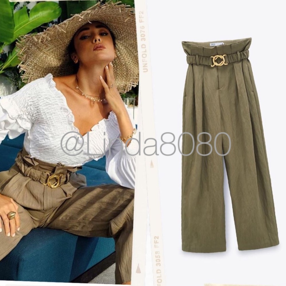 Zara Belted Gold Buckle Pleated Pants